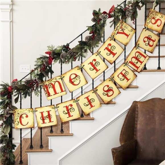 Christmas Decoration Vintage Merry Christmas Banner Retro Nostalgic‎ Traditional - Picture 5 of 6